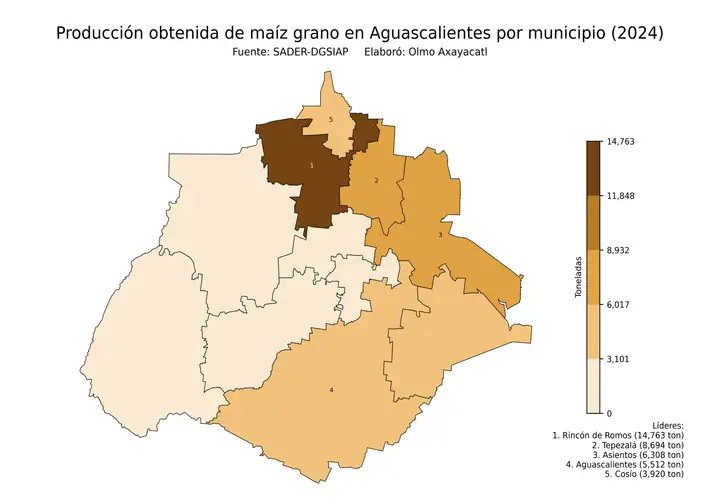 Producción obtenida de maíz en Aguascalientes por municipio