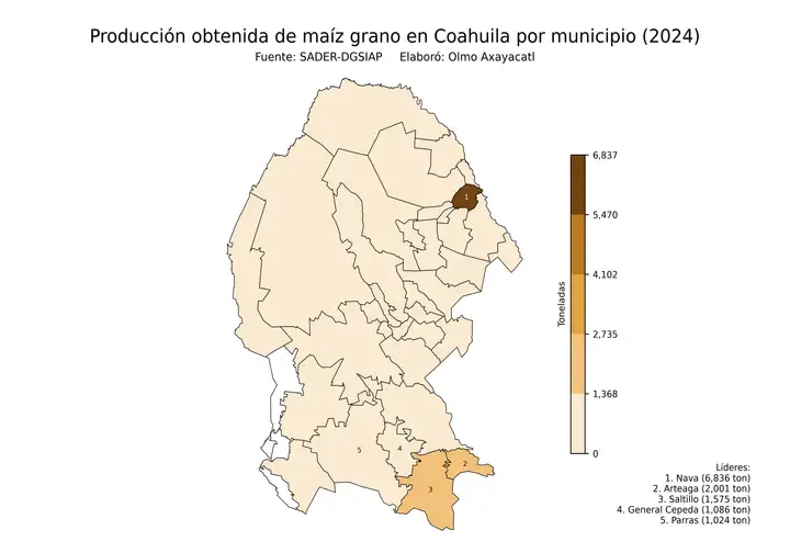 Producción obtenida de maíz en Coahuila por municipio