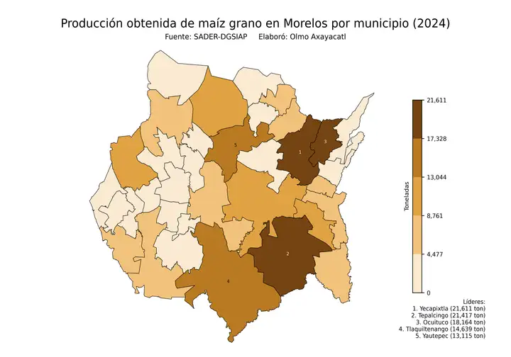 Producción obtenida de maíz en Morelos por municipio