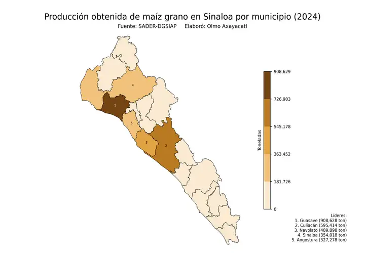 Producción obtenida de maíz en Sinaloa por municipio