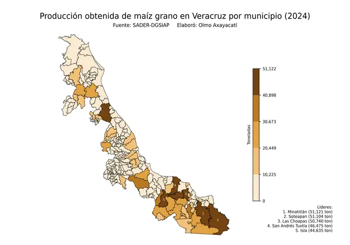 Producción obtenida de maíz en Veracruz por municipio