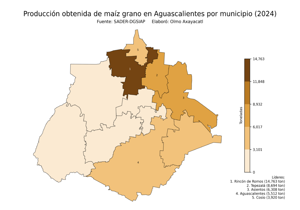 México Producción Agrícola Maíz grano Aguascalientes (producción obtenida)