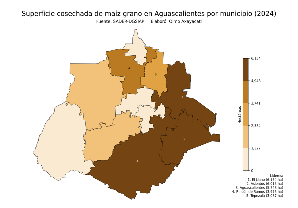 México Producción Agrícola Maíz grano Aguascalientes (superficie cosechada)