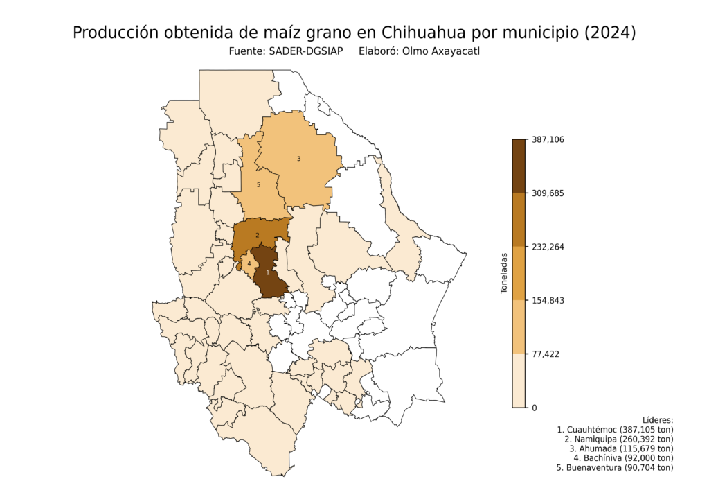 México Producción Agrícola Maíz grano Chihuahua (producción obtenida)