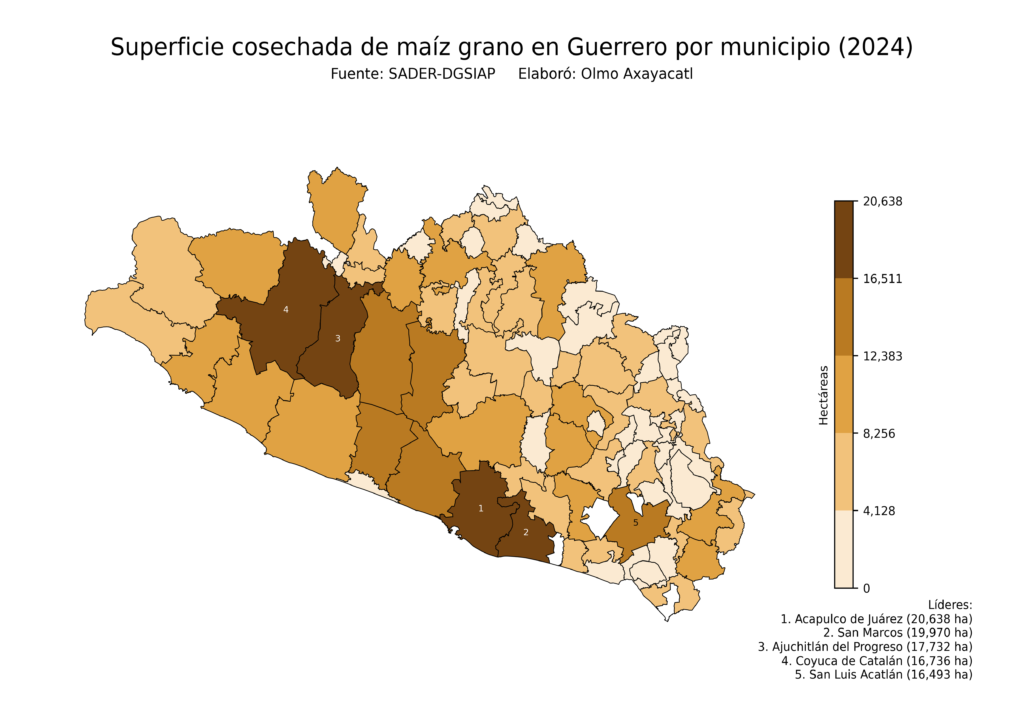 México Producción Agrícola Maíz grano Guerrero (superficie cosechada)