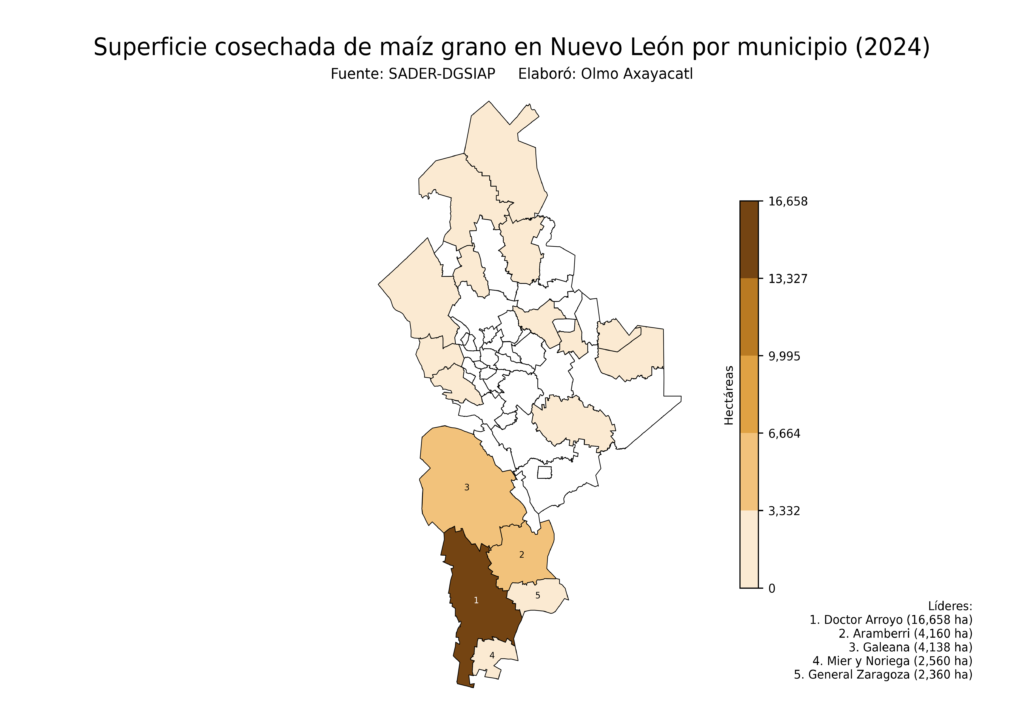 México Producción Agrícola Maíz grano Nuevo León (superficie cosechada)