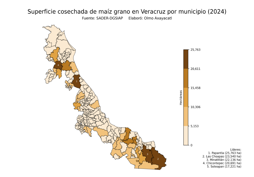 México Producción Agrícola Maíz grano Veracruz (superficie cosechada)